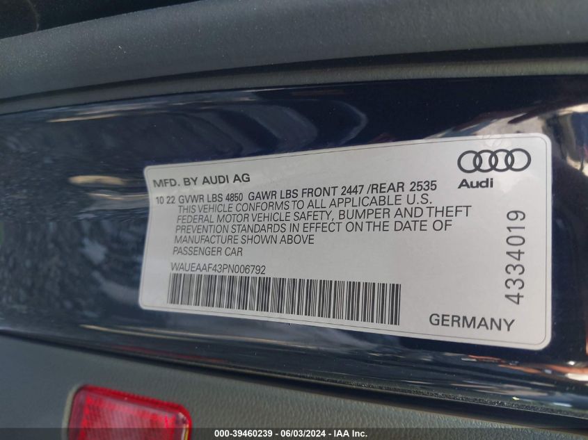 2023 Audi A4 Premium Plus 45 Tfsi S Line Quattro S Tronic VIN: WAUEAAF43PN006792 Lot: 39460239