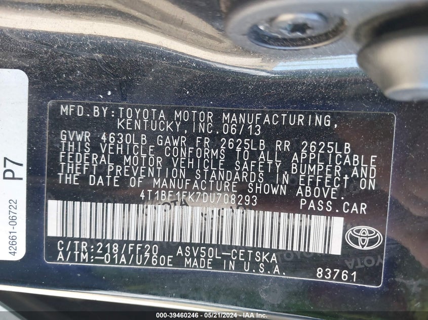 2013 Toyota Camry Se VIN: 4T1BF1FK7DU708293 Lot: 39460246