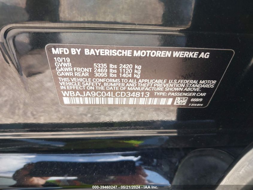 2020 BMW 530E VIN: WBAJA9C04LCD34813 Lot: 39460247