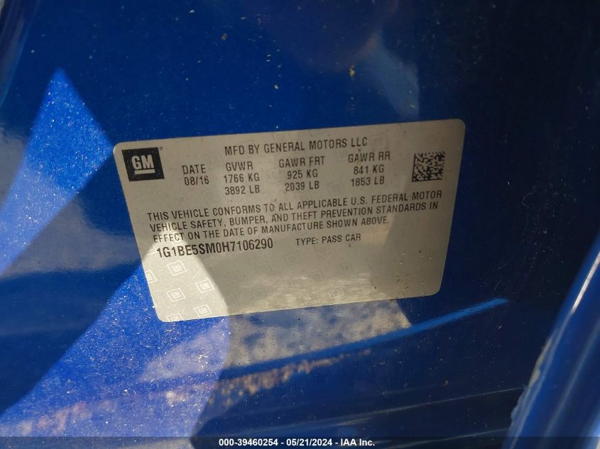 2017 Chevrolet Cruze Lt Auto VIN: 1G1BE5SM0H7106290 Lot: 39460254