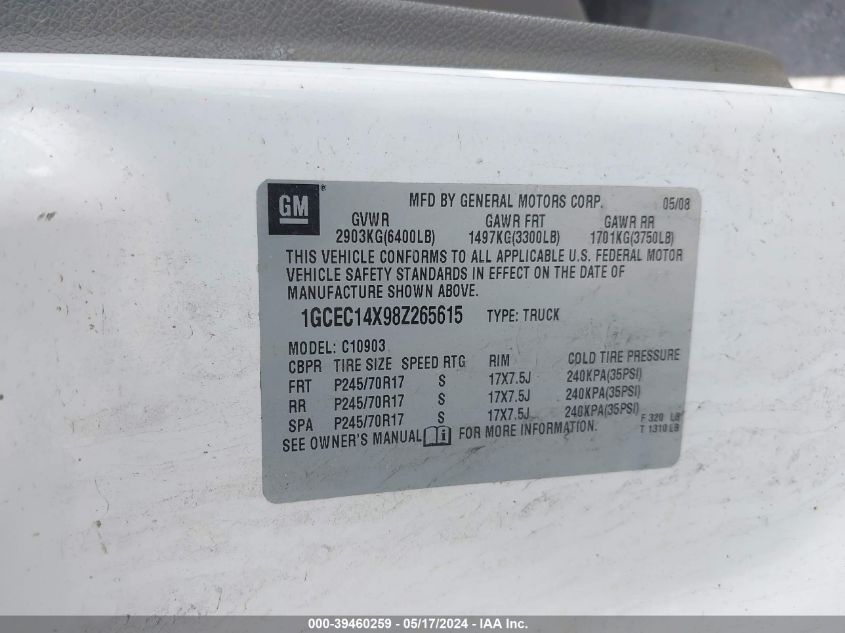 2008 Chevrolet Silverado 1500 Work Truck VIN: 1GCEC14X98Z265615 Lot: 39460259