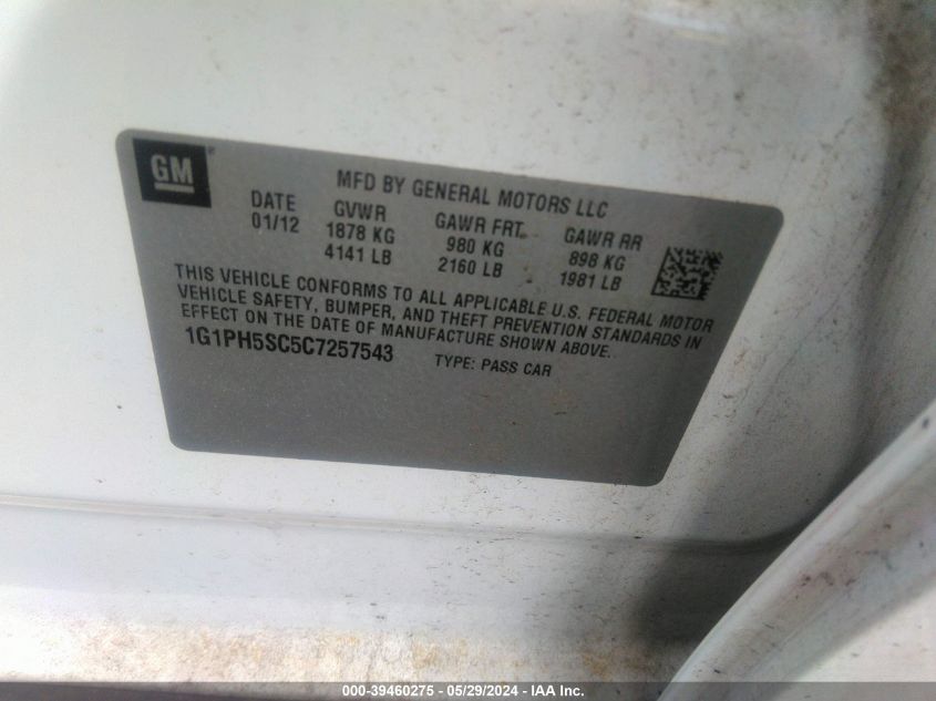 2012 Chevrolet Cruze Ltz VIN: 1G1PH5SC5C7257543 Lot: 39460275