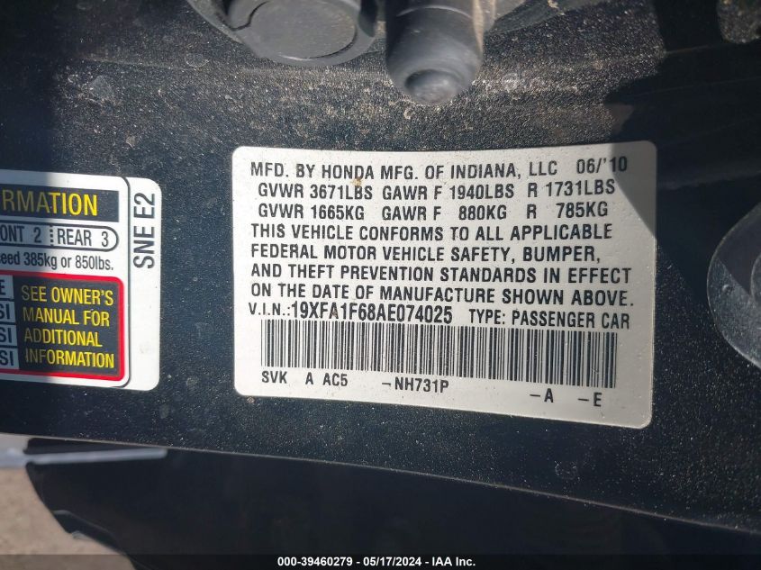 2010 Honda Civic Sdn Lx-S VIN: 19XFA1F68AE074025 Lot: 39460279