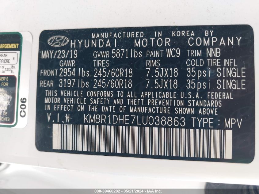 2020 Hyundai Palisade Se VIN: KM8R1DHE7LU038863 Lot: 39460282