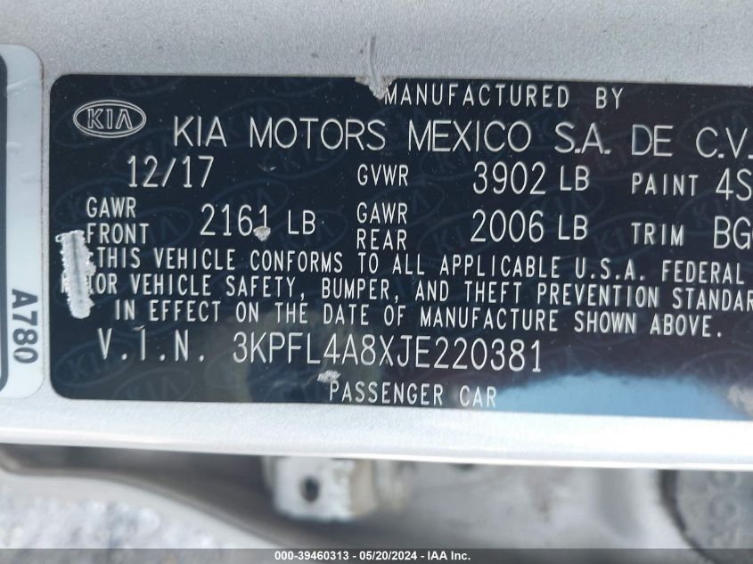 2018 Kia Forte Ex VIN: 3KPFL4A8XJE220381 Lot: 39460313