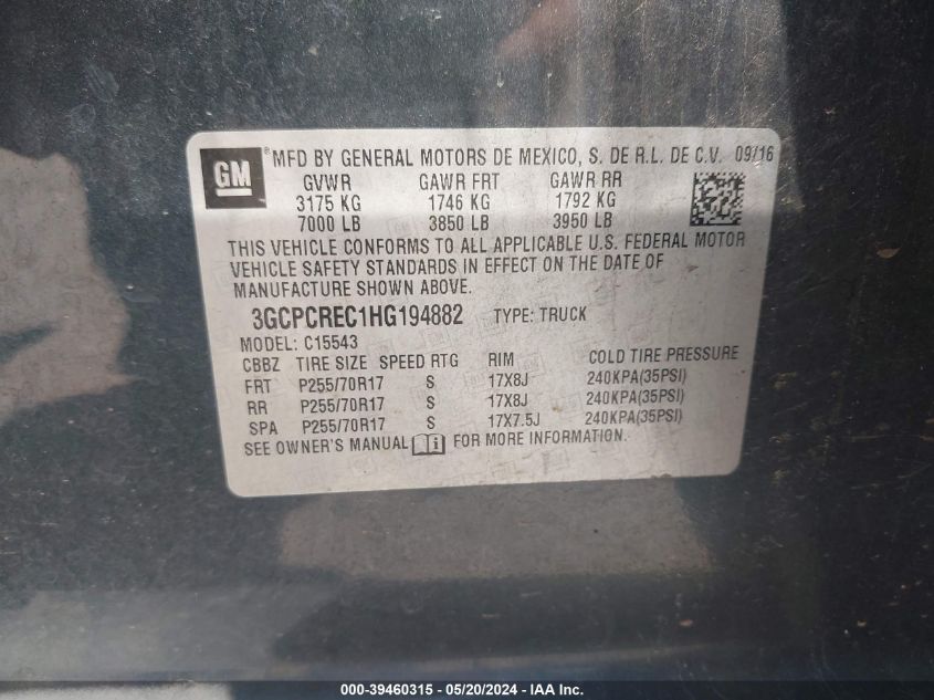 2017 Chevrolet Silverado 1500 1Lt VIN: 3GCPCREC1HG194882 Lot: 39460315