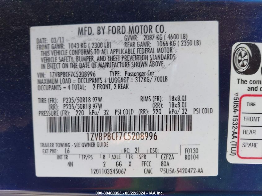 2012 Ford Mustang Gt Premium VIN: 1ZVBP8CF7C5208996 Lot: 39460353