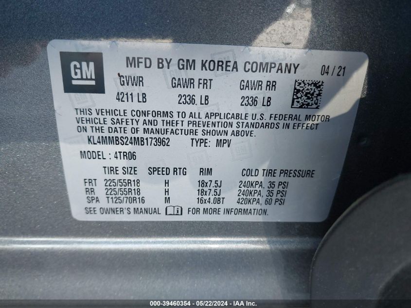 2021 Buick Encore Gx Fwd Preferred VIN: KL4MMBS24MB173962 Lot: 39460354