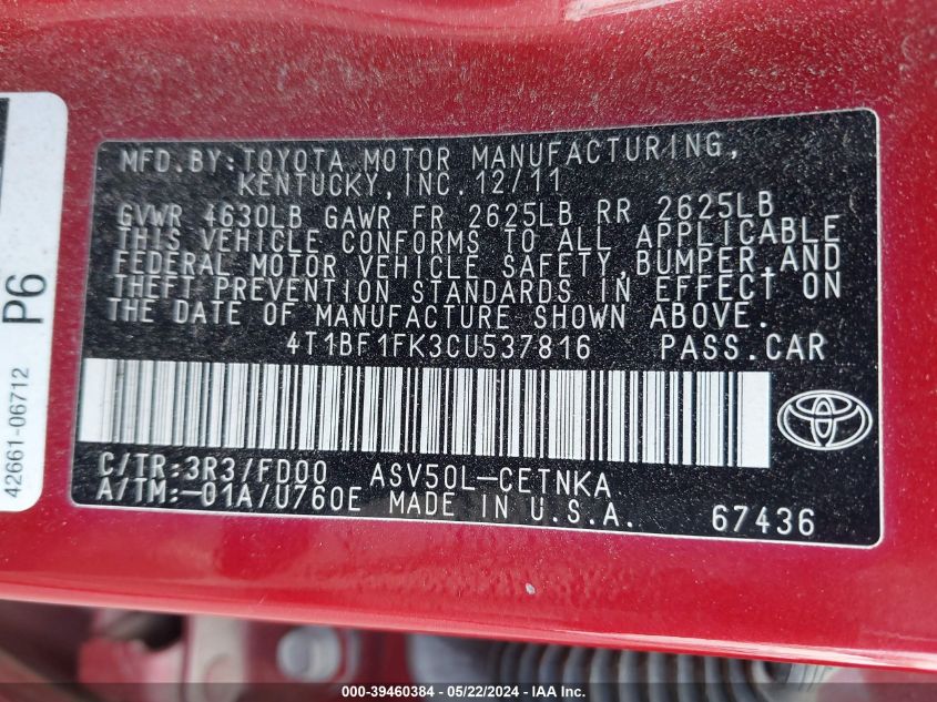 4T1BF1FK3CU537816 2012 Toyota Camry Le