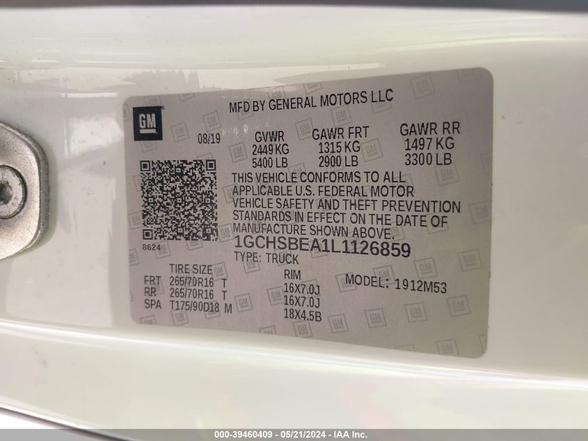 2020 Chevrolet Colorado VIN: 1GCHSBEA1L1126859 Lot: 39460409