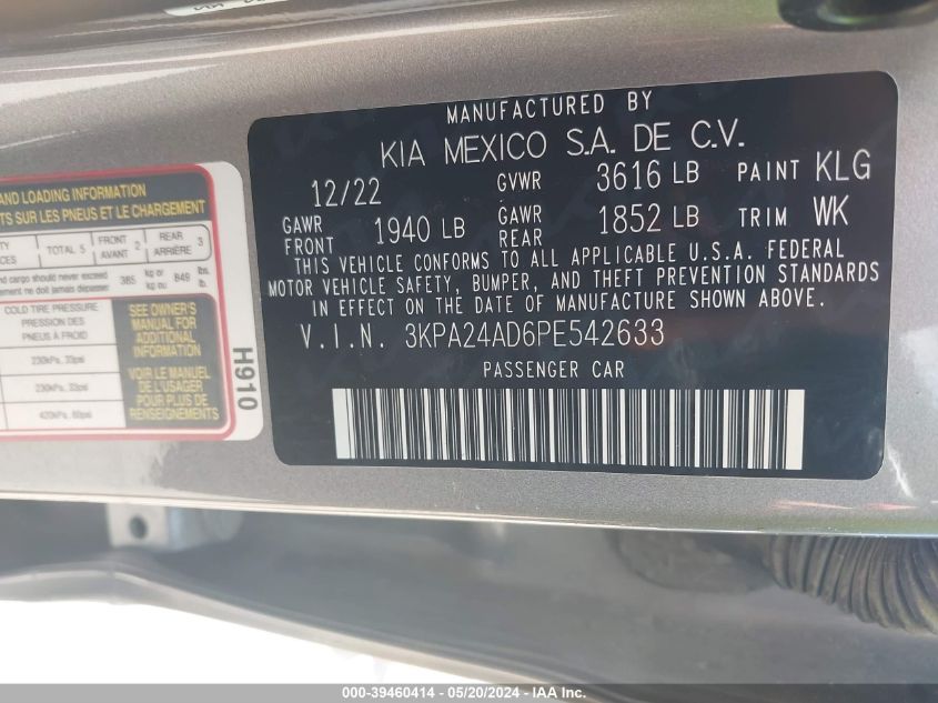 2023 Kia Rio S VIN: 3KPA24AD6PE542633 Lot: 39460414