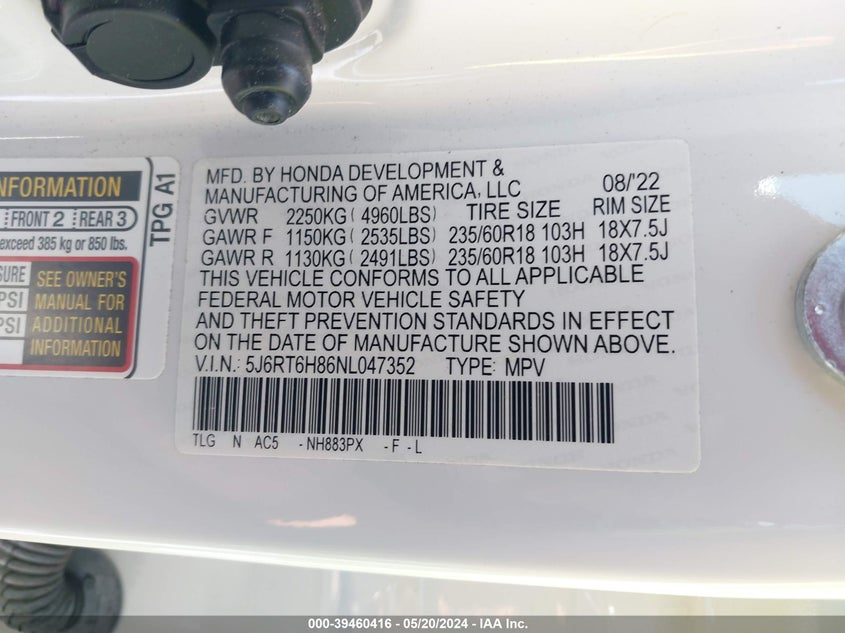 VIN 5J6RT6H86NL047352 2022 HONDA CR-V HYBRID EX-L