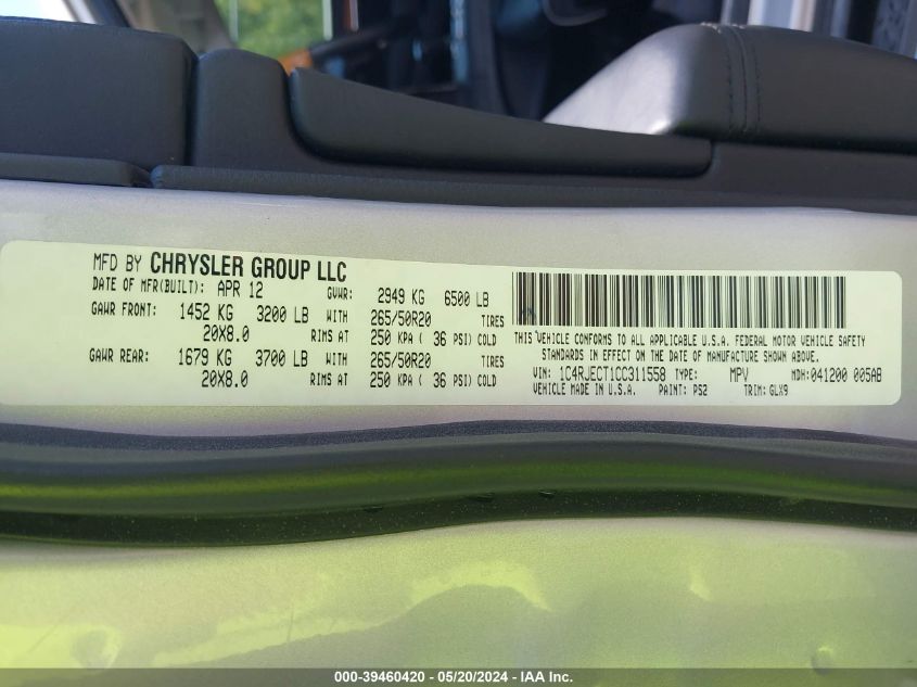 2012 Jeep Grand Cherokee Overland VIN: 1C4RJECT1CC311558 Lot: 39460420