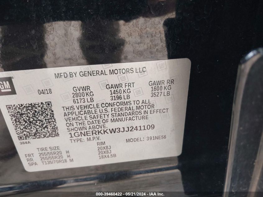 2018 Chevrolet Traverse Premier VIN: 1GNERKKW3JJ241109 Lot: 39460422