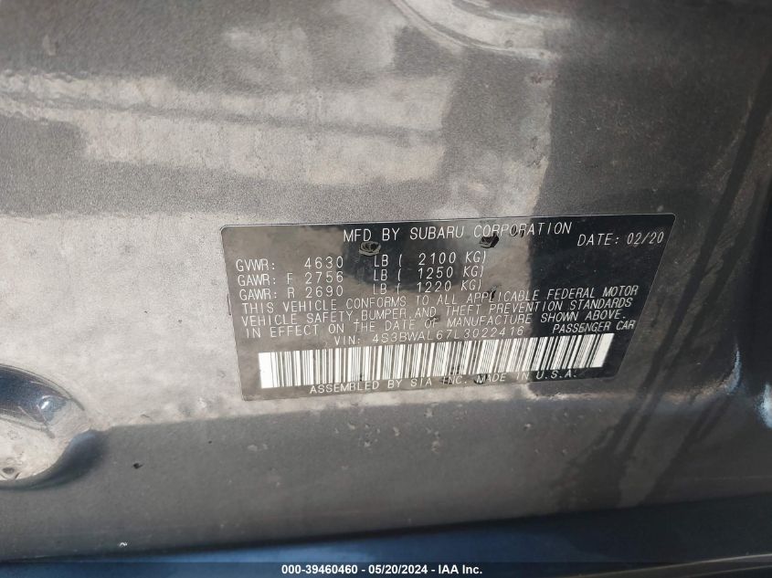 2020 Subaru Legacy Limited VIN: 4S3BWAL67L3022416 Lot: 39460460