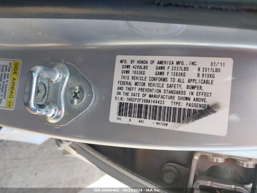 2011 Honda Accord 2.4 Lx VIN: 1HGCP2F38BA144433 Lot: 39460462