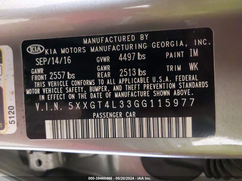 2016 Kia Optima Lx VIN: 5XXGT4L33GG115977 Lot: 39460466