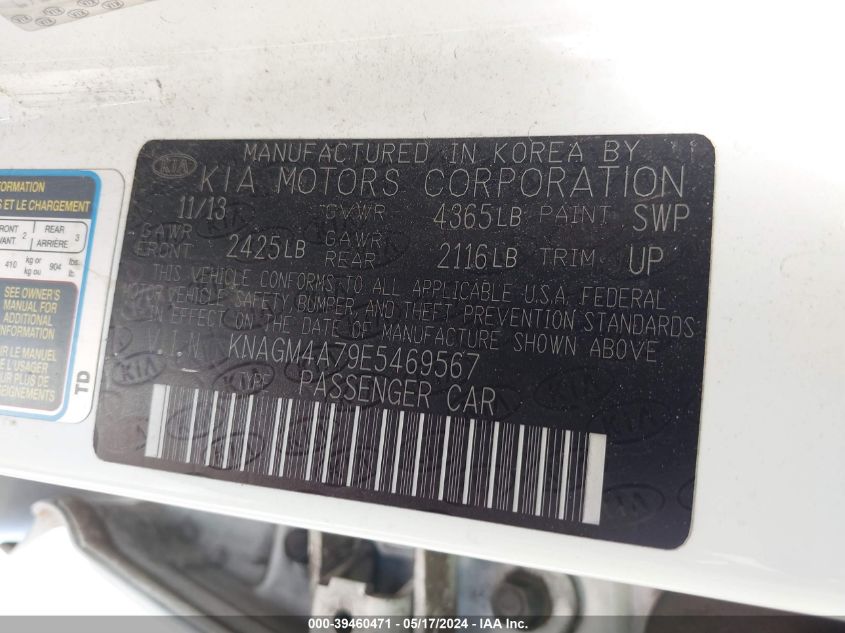 2014 Kia Optima Lx VIN: KNAGM4A79E5469567 Lot: 39460471