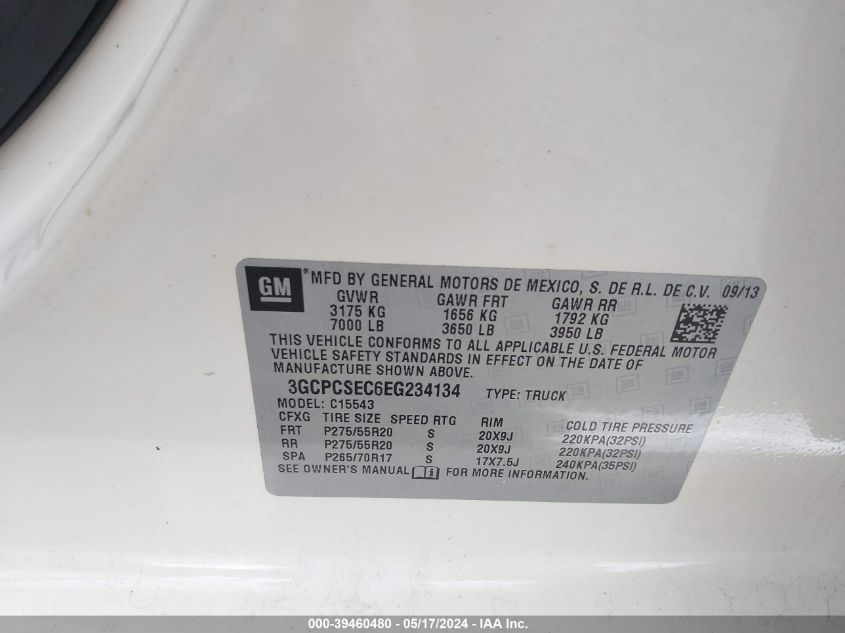 2014 Chevrolet Silverado 1500 2Lz VIN: 3GCPCSEC6EG234134 Lot: 39460480
