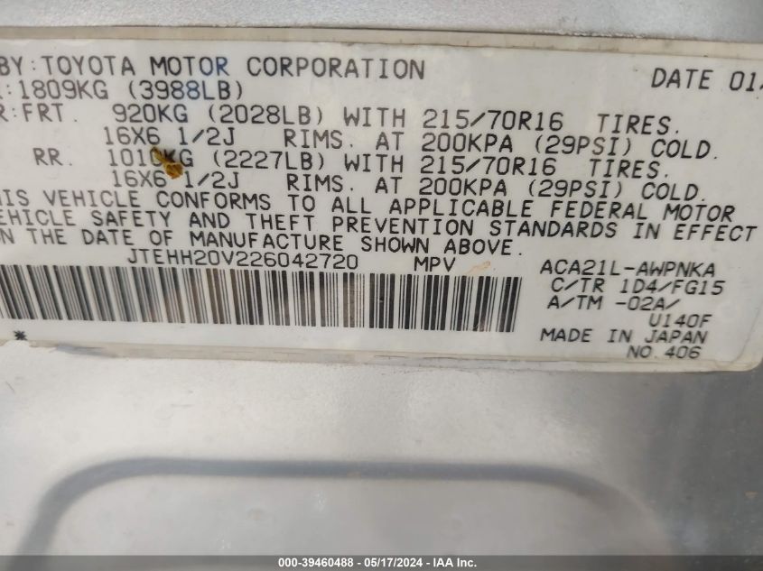 2002 Toyota Rav4 VIN: JTEHH20V226042720 Lot: 39460488