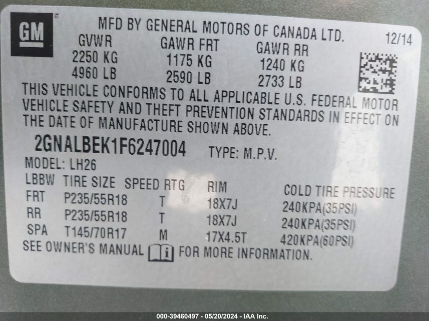 2015 Chevrolet Equinox 1Lt VIN: 2GNALBEK1F6247004 Lot: 39460497