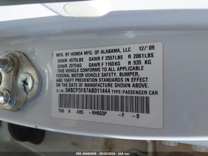 2010 Honda Accord 3.5 Ex-L VIN: 5KBCP3F87AB011444 Lot: 39460506