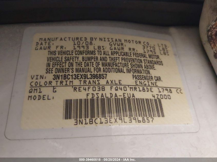 2009 Nissan Versa 1.8S VIN: 3N1BC13EX9L396857 Lot: 39460518