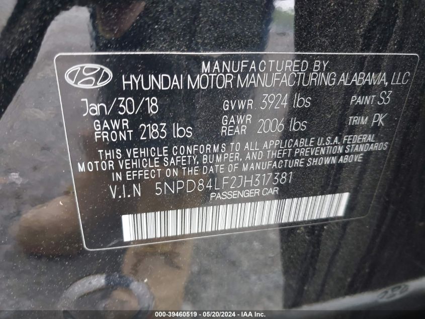 2018 Hyundai Elantra Sel VIN: 5NPD84LF2JH317381 Lot: 39460519