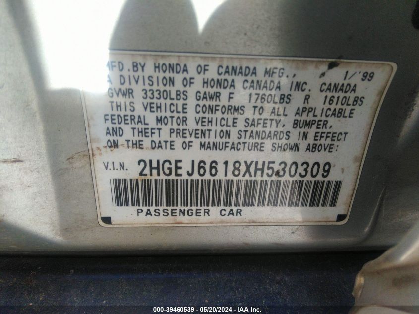 1999 Honda Civic Value Package VIN: 2HGEJ6618XH530309 Lot: 39460539