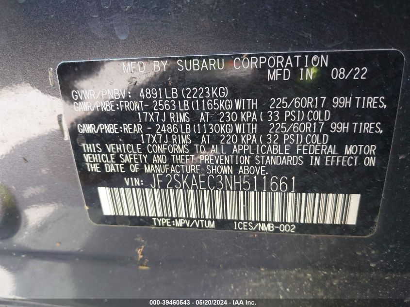 2022 Subaru Forester Premium VIN: JF2SKAEC3NH511661 Lot: 39460543