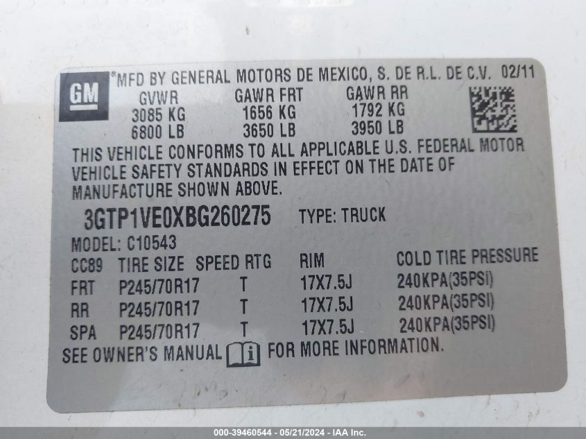 2011 GMC Sierra 1500 Sle VIN: 3GTP1VE0XBG260275 Lot: 39460544