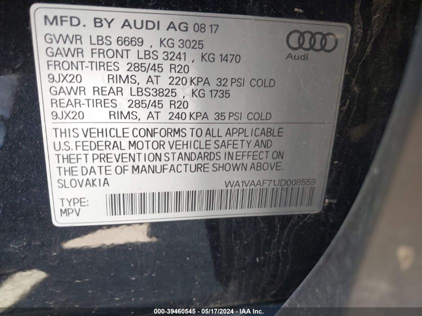 WA1VAAF71JD008559 2018 Audi Q7 3.0T Premium