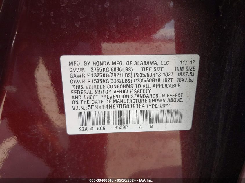 2013 Honda Pilot Ex-L VIN: 5FNYF4H67DB019184 Lot: 39460548