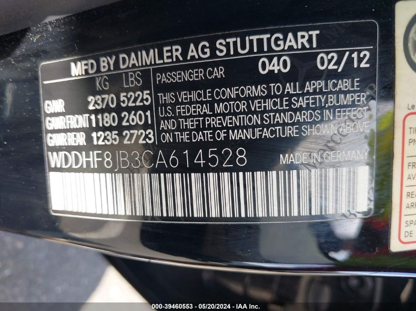 2012 Mercedes-Benz E 350 4Matic VIN: WDDHF8JB3CA614528 Lot: 39460553