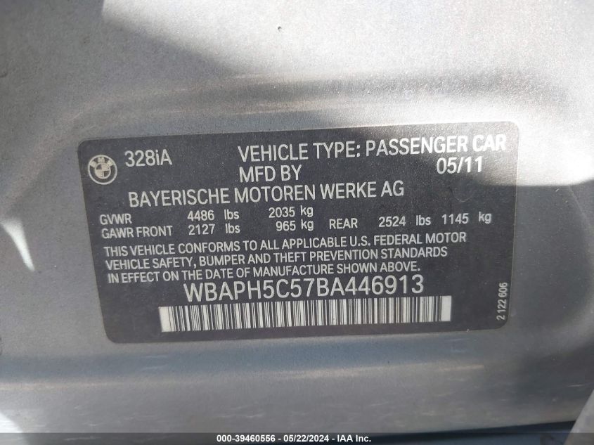2011 BMW 328I VIN: WBAPH5C57BA446913 Lot: 39460556