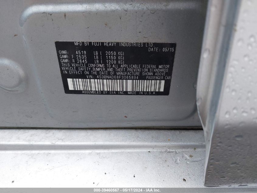 2015 Subaru Legacy 2.5I Premium VIN: 4S3BNAD68F3065894 Lot: 39460567