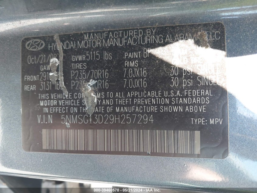 2009 Hyundai Santa Fe Gls VIN: 5NMSG13D29H257294 Lot: 39460570