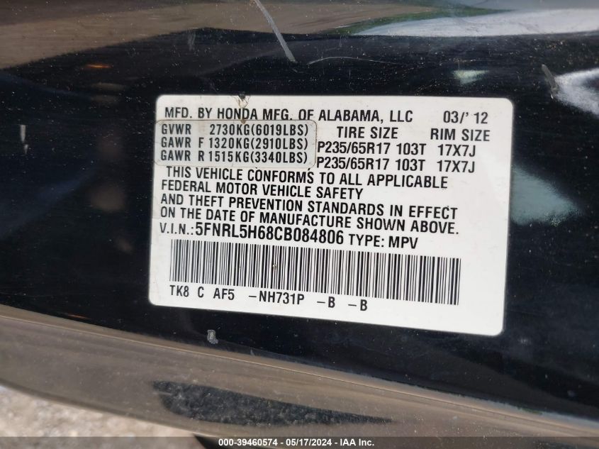 2012 Honda Odyssey Ex-L VIN: 5FNRL5H68CB084806 Lot: 39460574