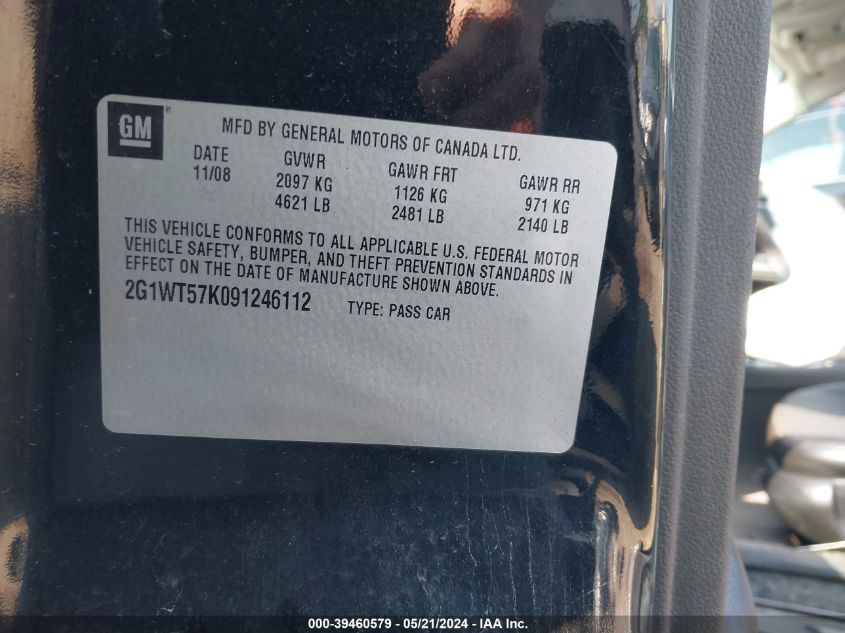 2009 Chevrolet Impala Lt VIN: 2G1WT57K091246112 Lot: 39460579