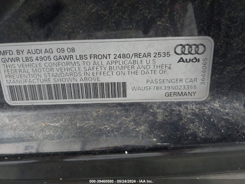 2009 Audi A4 2.0T Premium VIN: WAUSF78K39N023355 Lot: 39460580