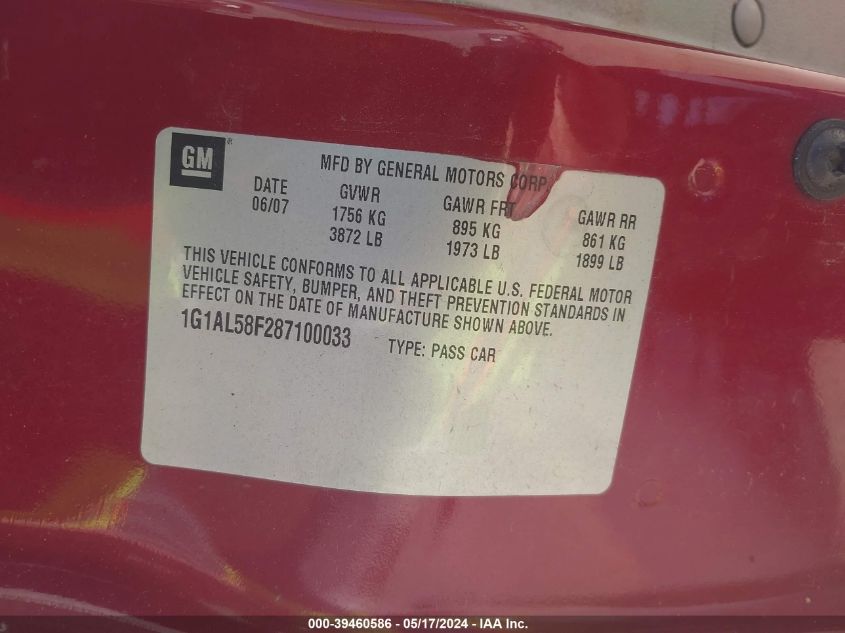 2008 Chevrolet Cobalt Lt VIN: 1G1AL58F287100033 Lot: 39460586