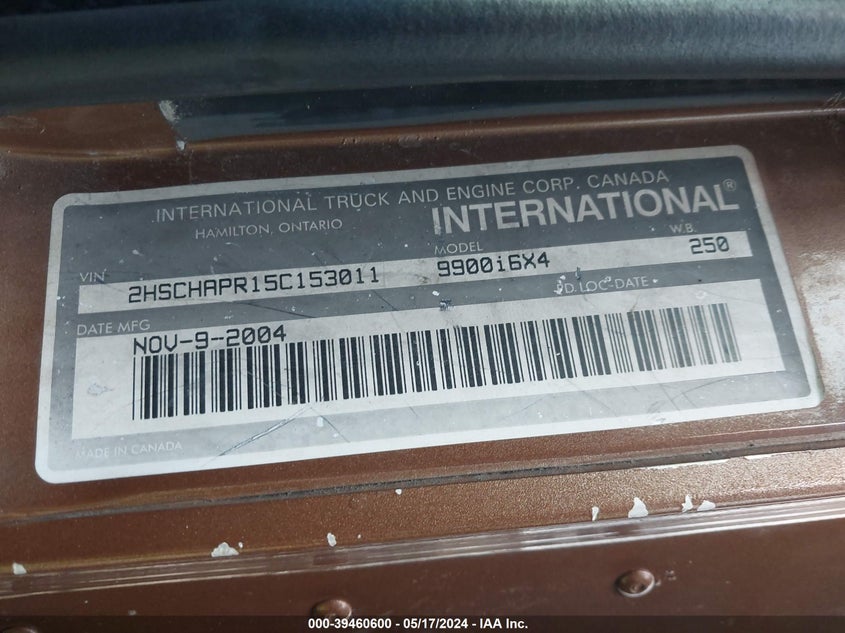 2005 International 9900 9900I VIN: 2HSCHAPR15C153011 Lot: 39460600