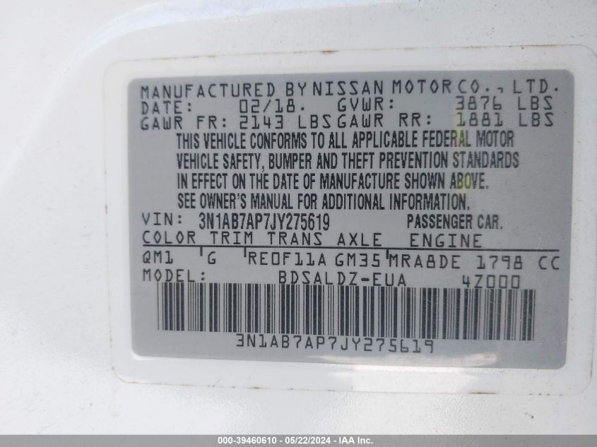 2018 Nissan Sentra Sv VIN: 3N1AB7AP7JY275619 Lot: 39460610