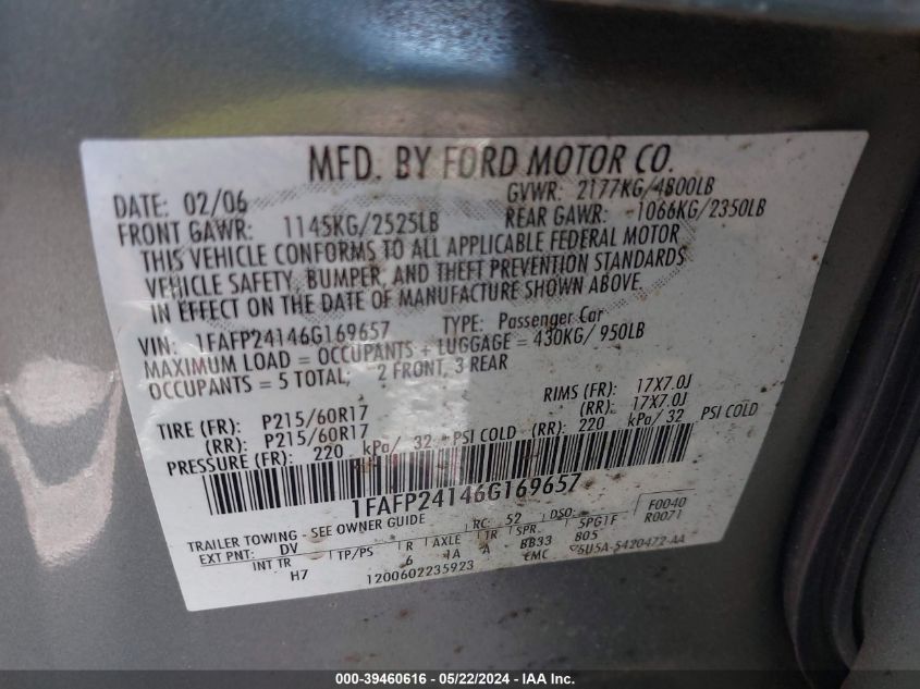 2006 Ford Five Hundred Sel VIN: 1FAFP24146G169657 Lot: 39460616