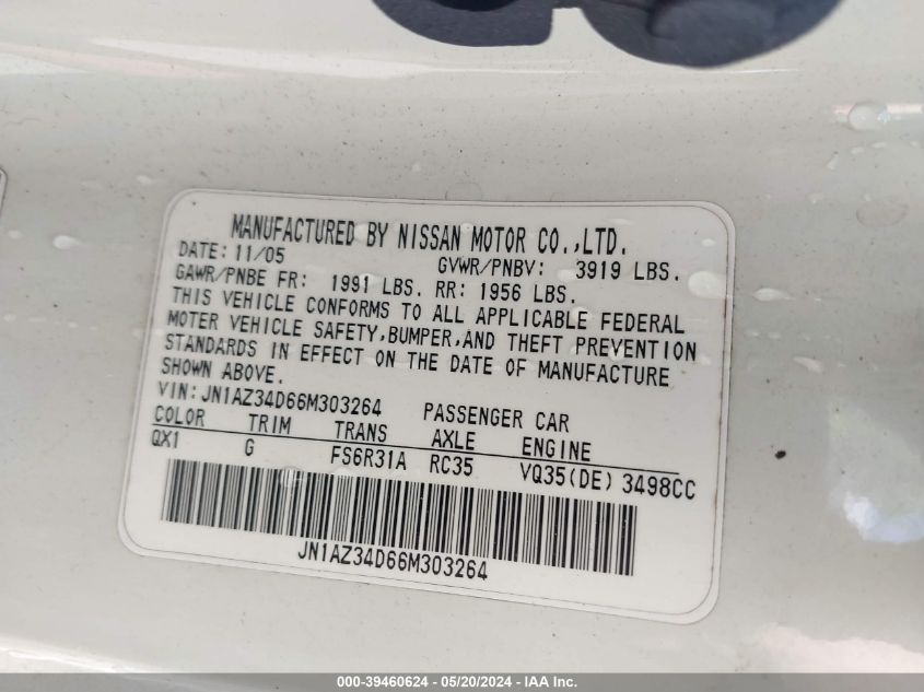 2006 Nissan 350Z VIN: JN1AZ34D66M303264 Lot: 39460624