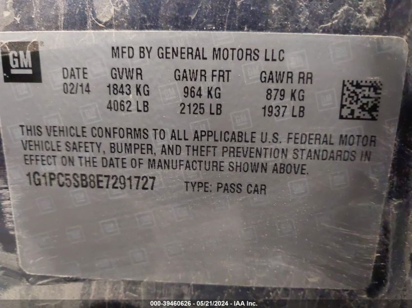 2014 Chevrolet Cruze 1Lt Auto VIN: 1G1PC5SB8E7291727 Lot: 39460626