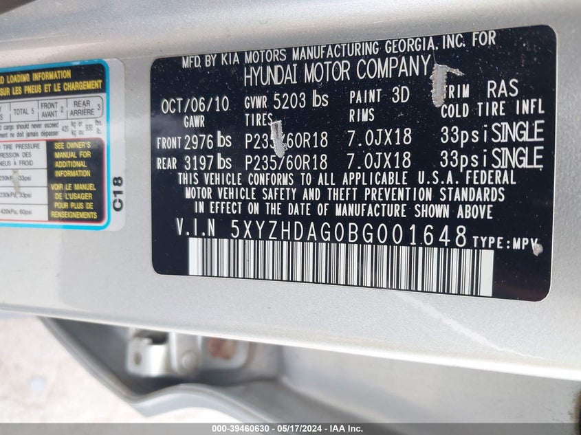 2011 Hyundai Santa Fe Se VIN: 5XYZHDAG0BG001648 Lot: 39460630