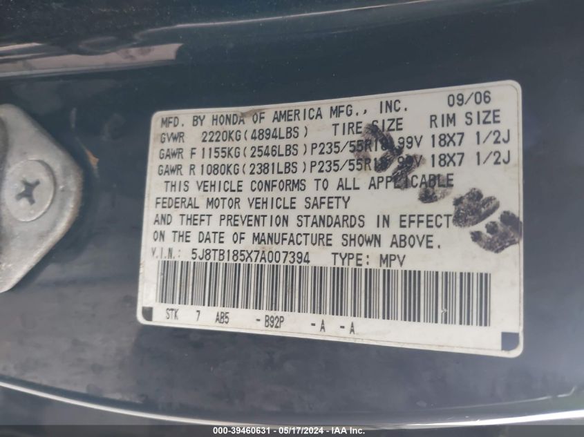 2007 Acura Rdx VIN: 5J8TB185X7A007394 Lot: 39460631