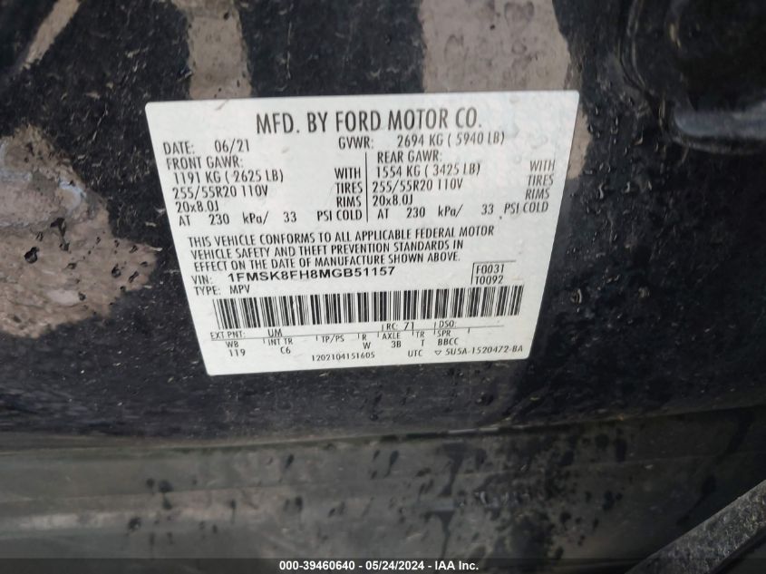 2021 Ford Explorer Limited VIN: 1FMSK8FH8MGB51157 Lot: 39460640