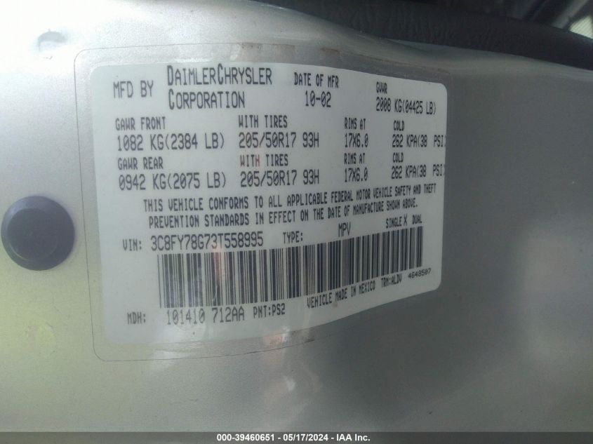 2003 Chrysler Pt Cruiser Gt VIN: 3C8FY78G73T558995 Lot: 39460651